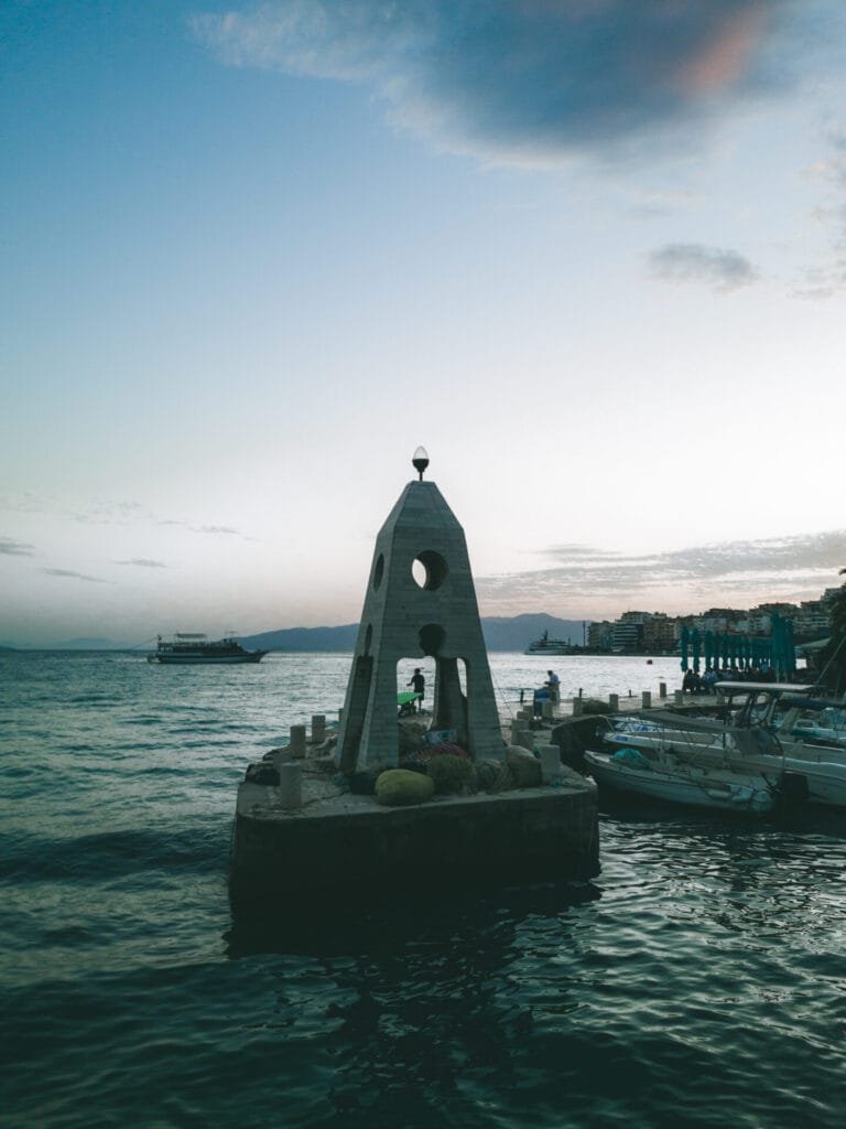 Bell tower structure overlooking the sea in Sarandë, Albania