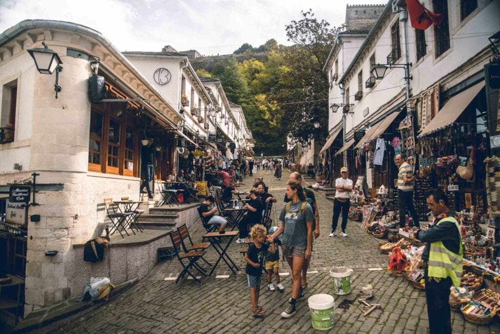 Bustling street market in Gjirokaster