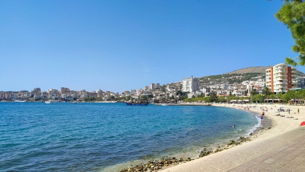 Clear blue waters and coastal townscape of Sarandë, Albania