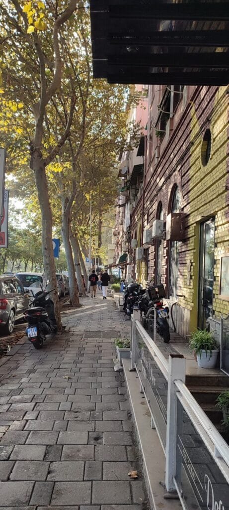 Tree-lined street in autumn with people walking